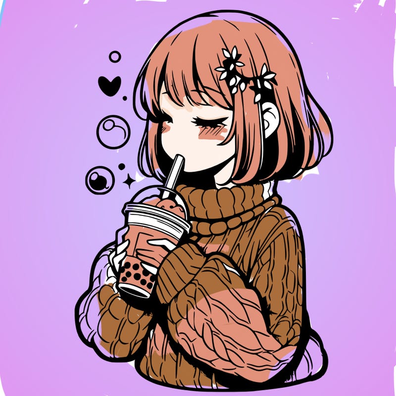manga girl drinking boba in cozy sweater