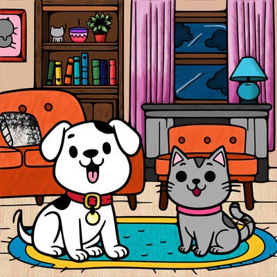 a cat and a dog in their living room