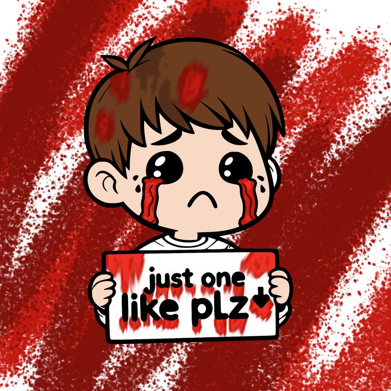 realistic crying boy with a sign saying just one like plz