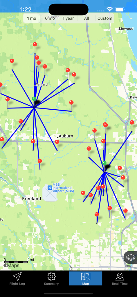 Hot Air - A map within the Hot Air app displaying a history of balloon flight paths and landing points.