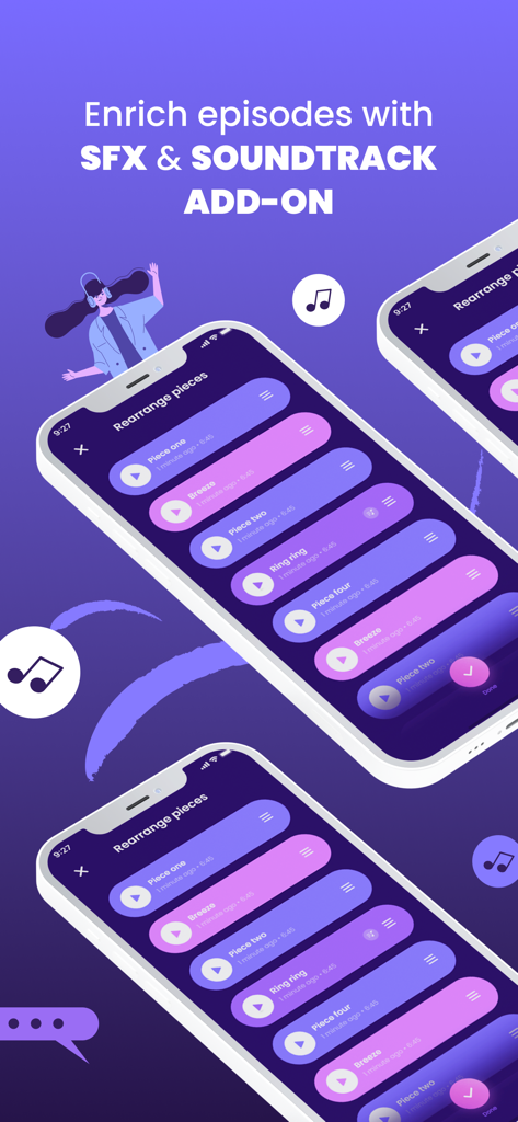 A mobile interface for adding sound effects and soundtracks to podcast episodes in Podcast Maker app