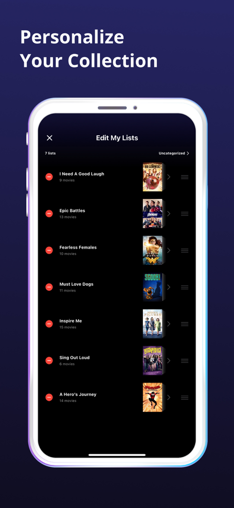 Movies Anywhereアプリでカスタム映画リストをパーソナライズおよび編集するためのインターフェース。