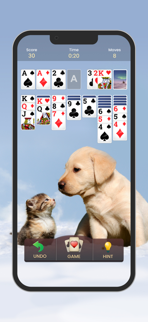 Klondike Solitaire card game with a puppy and kitten background