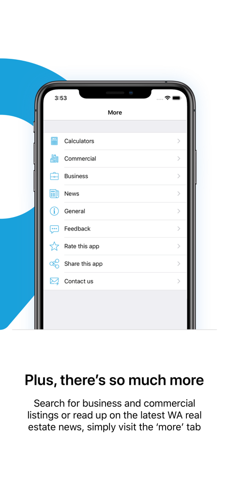 reiwa.com - Real Estate - Screenshot des mehr-Menüs in der Immobilien-App reiwa.com, das Optionen für Rechner, Gewerbeimmobilien und Immobiliennachrichten anzeigt