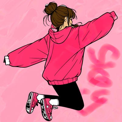 realistic girl jumping with a bun and oversized sweatshirt