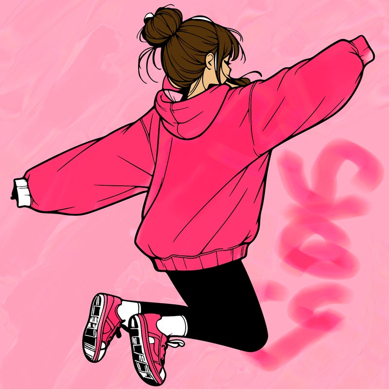realistic girl jumping with a bun and oversized sweatshirt