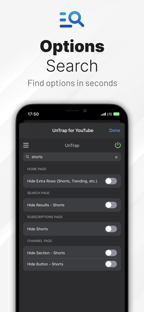 UnTrap for YouTube - UnTrap for YouTube search interface on iPhone showing options to hide Shorts on the home page search results and subscriptions