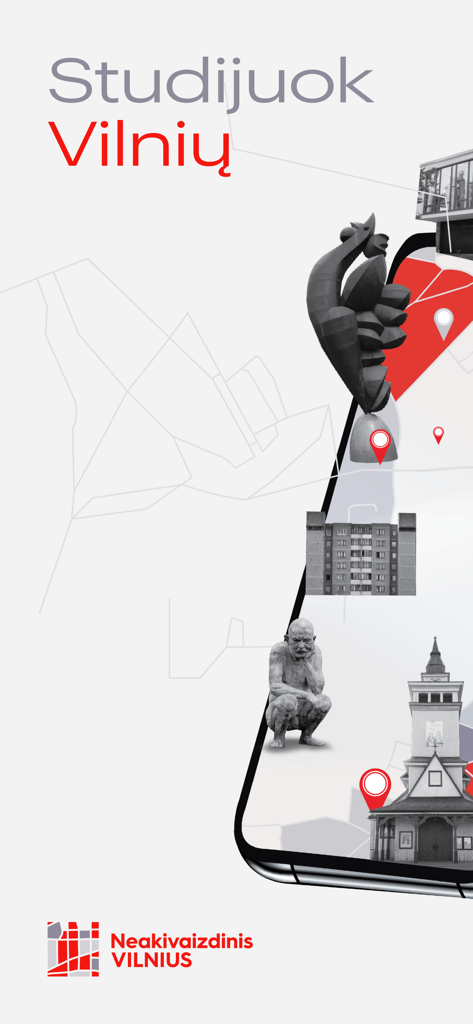 A smartphone screen displaying the Neakivaizdinis Vilnius app with urban landmarks and map location pins