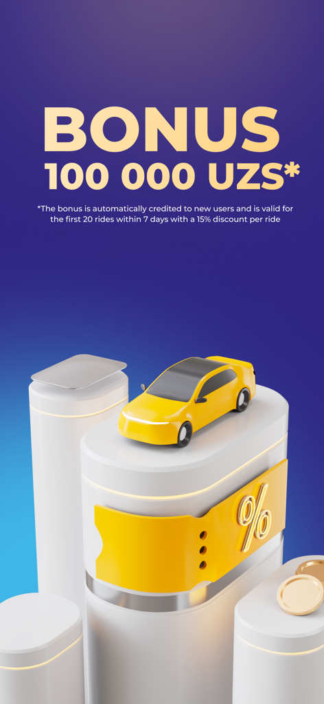 MyTaxi App Willkommensbonus von 100.000 UZS für neue Fahrer mit 3D-gelbem Taxiauto und Rabattikone