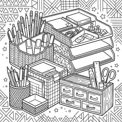 Dive into the satisfying world of organization with this intricate coloring page featuring various desk organizers and caddies. Perfect for adding a splash of color to your workspace while destressing.