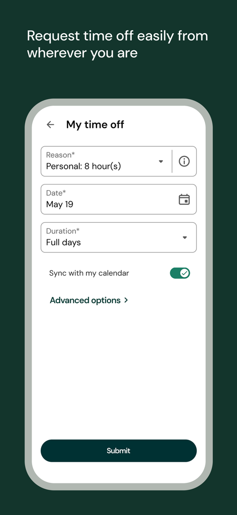 UKG Pro - A mobile screen from the UKG Pro app showing a form to request time off with fields for reason date and duration