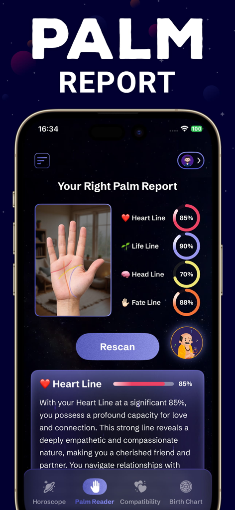 感情線、生命線、知能線、運命線のパーセンテージが表示されたパーソナライズされた手相レポートと、分析された手の写真が表示されたモバイル画面