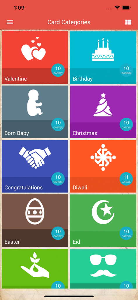 E-Cards app screen showing greeting card categories including Birthday Valentine and Christmas