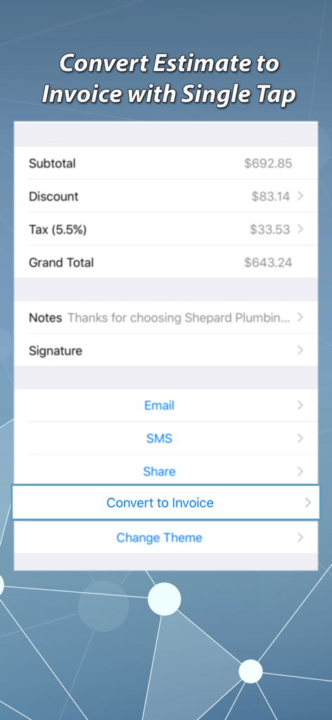Invoice & Estimate Maker - Interfaz de la aplicación móvil que demuestra la conversión con un solo toque de un presupuesto profesional en una factura con detalles de subtotal e impuestos.