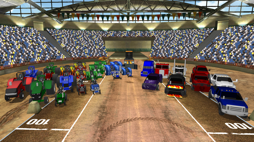 Pulling USA - Varios tractores y camiones de arrastre expuestos en una gran arena de estadio