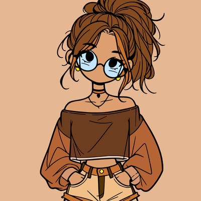 girl with a messy ponytail glasses a baggy crop top and jean shorts