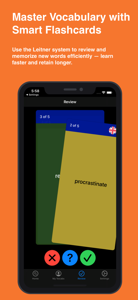 English Dictionary – Offline - Vocapture app interface showing smart vocabulary flashcards using the Leitner system to learn new English words