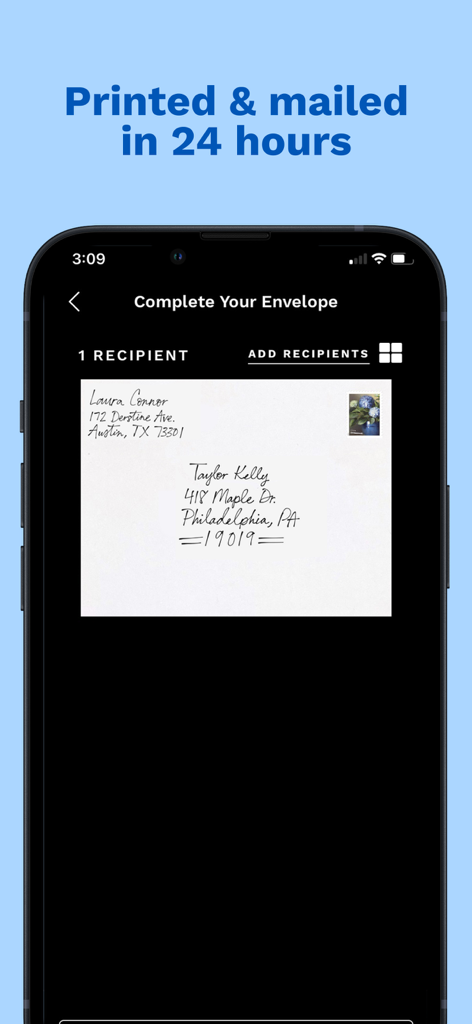 Felt: Greeting Cards & Gifts - A smartphone screen showing a handwritten address and stamp on a white envelope with the text Printed and mailed in 24 hours