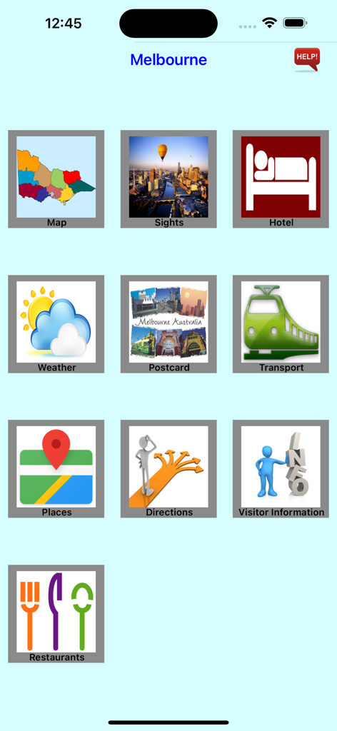 Hauptmenü der Melbourne-Reise-App mit Navigationssymbolen für Sehenswürdigkeiten, Hotels, Transport und Wetter.