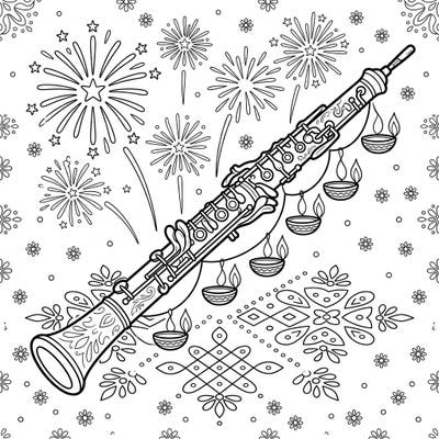 Bring the joy of Diwali to life with this unique coloring page featuring an oboe! Kids aged 4-8 will love adding vibrant colors to diyas, fireworks, and intricate rangoli designs.