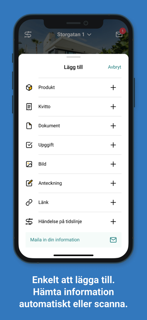 House:ID-bostadens loggbok - House:IDアプリのメニュー。デジタル住宅ログブックに領収書、ドキュメント、製品を追加するオプションが表示されています。