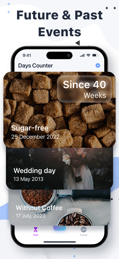 Event Countdown – Day Counter - Captura de pantalla de la app Event Countdown que muestra una lista de eventos y hábitos pasados rastreados, incluyendo el progreso sin azúcar y un aniversario de bodas