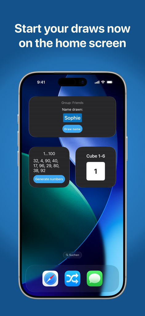 Random Generator - Spin Wheel - Schermata home di iPhone che mostra i widget del Generatore Casuale per estrarre nomi, generare numeri e lanciare dadi.