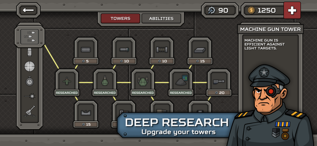 Tactical War 2: Tower Defense - Tactical War 2 Tower Defense deep research menu showing the tower upgrade tree and military character