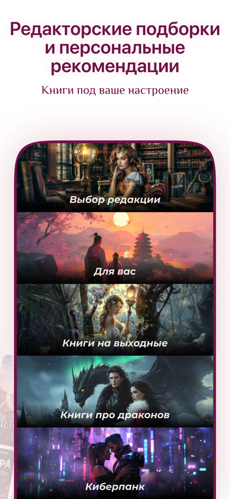 Pantalla de la aplicación Litnet que muestra selecciones del editor y recomendaciones de libros personalizadas.
