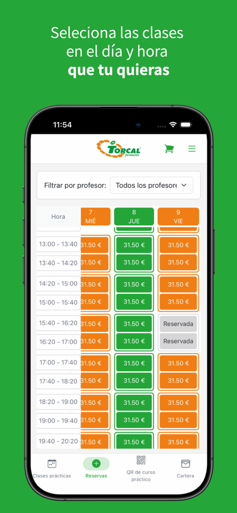 Interfaz de la aplicación móvil para seleccionar y reservar horarios y fechas de clases de conducción