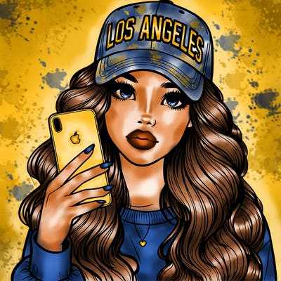 realistic beautiful girl wearing los ángeles cap holding an iphone