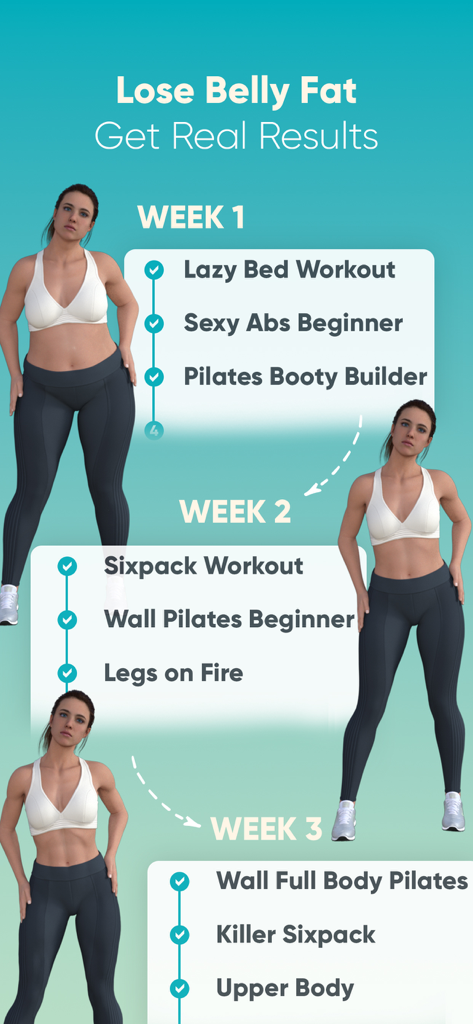 Wöchentlicher Trainingsplan, der einen 3-Wochen-Transformationsplan zur Reduzierung von Bauchfett mit Wall Pilates zeigt