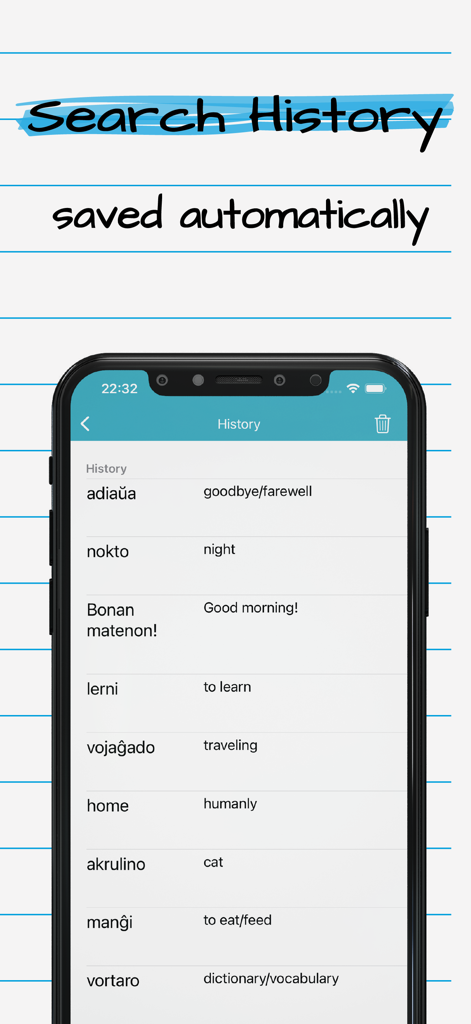 Esperanto English Dictionary - Mobile app interface showing the search history of translated words between Esperanto and English