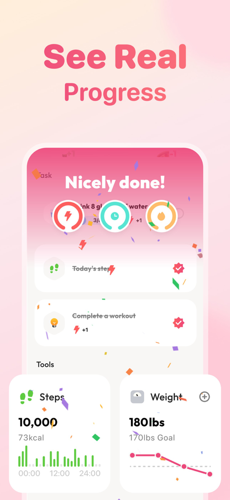 Wall Pilates at Home: FitPulse - Schermata dell'app FitPulse che mostra i progressi della perdita di peso e il monitoraggio dei passi giornalieri