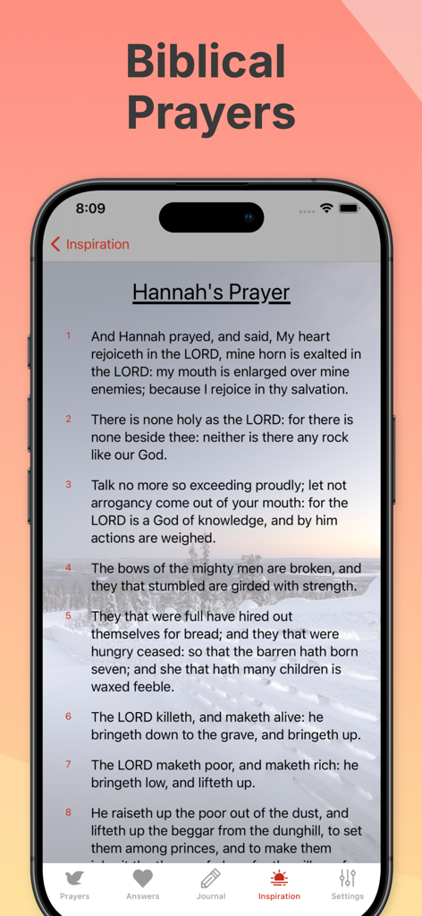 Biblical prayer inspiration screen in the Amen Prayer Journal app featuring Hannahs Prayer.