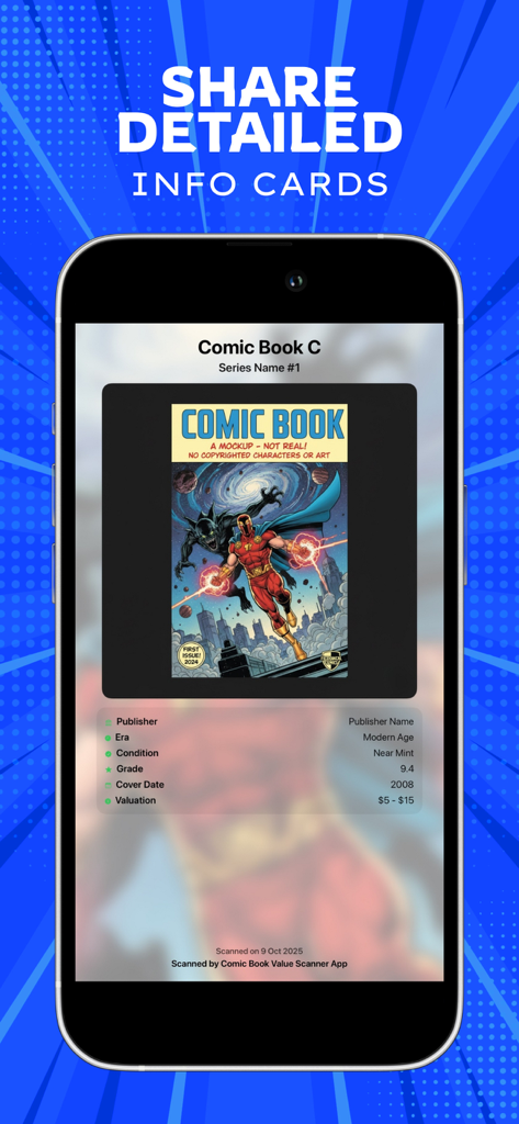 Uma tela de smartphone exibindo um cartão de informação compartilhável com detalhes da HQ e avaliação de mercado