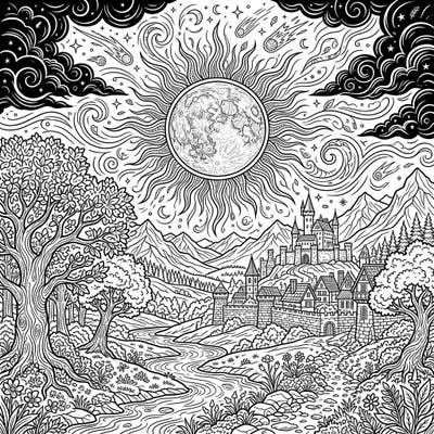Immerse yourself in a breathtaking celestial event with this intricate solar eclipse coloring page. Featuring a grand full scene landscape, it invites you to explore a detailed world of castles, mountains, and celestial wonders.