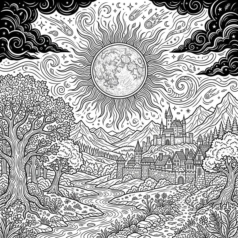Immerse yourself in a breathtaking celestial event with this intricate solar eclipse coloring page. Featuring a grand full scene landscape, it invites you to explore a detailed world of castles, mountains, and celestial wonders.