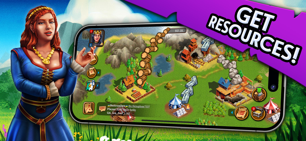 Medieval Kingdoms Castle MMO gameplay showing resource collection and a medieval character