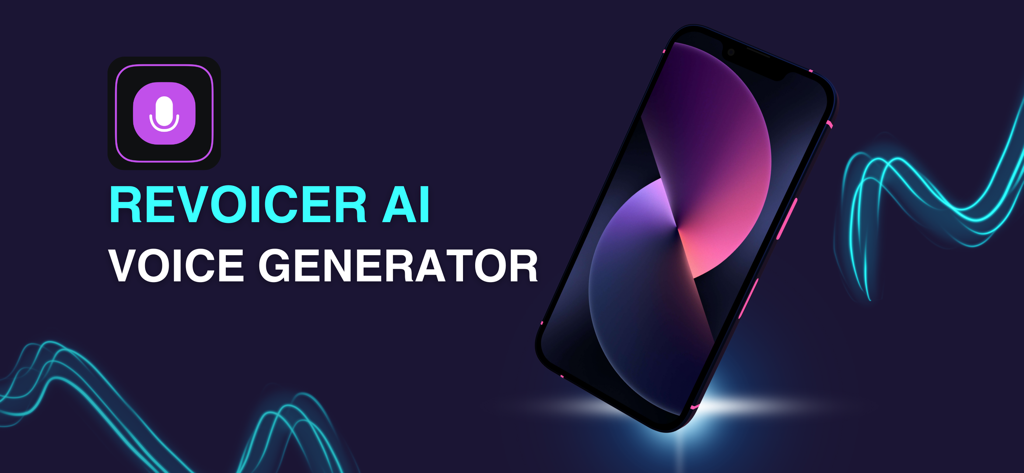 Revoicer AI Voice Generator app name and icon alongside a smartphone display on a dark background