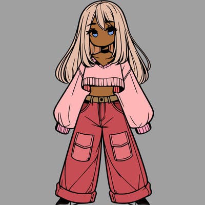 cute girl with straight hair in baggy jeans and a crop top and a sweater