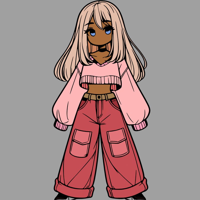 cute girl with straight hair in baggy jeans and a crop top and a sweater