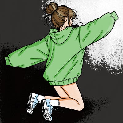 realistic girl jumping with a bun and oversized sweatshirt