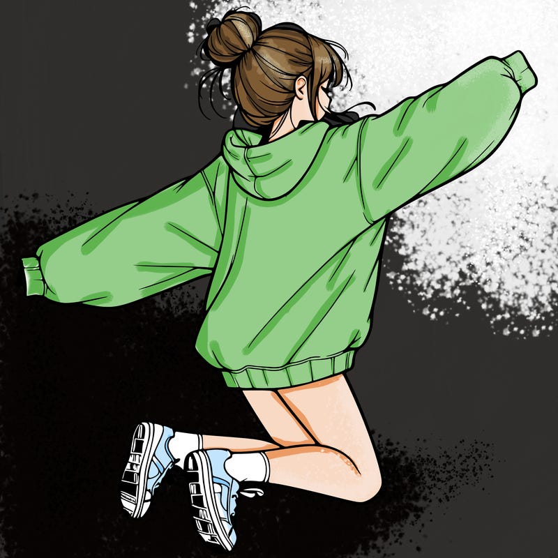 realistic girl jumping with a bun and oversized sweatshirt