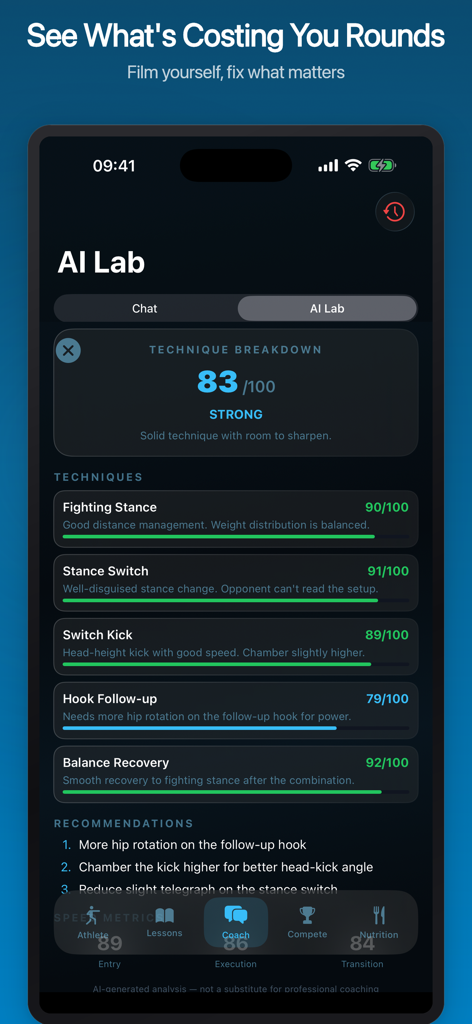 Kickboxing: AI Ring Coach - AI technique breakdown screen in the Kickboxing AI Ring Coach app displaying performance scores and recommendations for kickboxing moves
