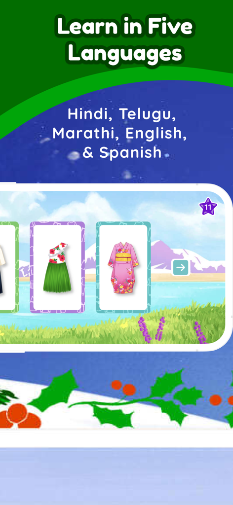 Shoonya Kids app interface showing language options and an educational game with diverse cultural clothing cards.
