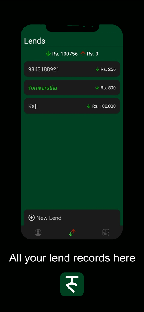 Paisa Experience App interface showing a list of personal lend records and credit tracking