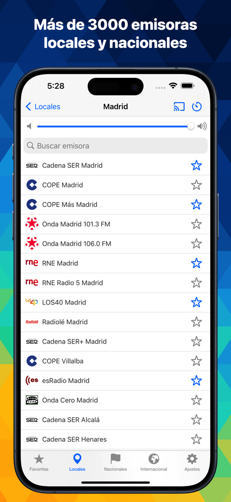 Radio FM: Escucha En Directo - Radio FM app interface displaying a list of local radio stations in Madrid Spain