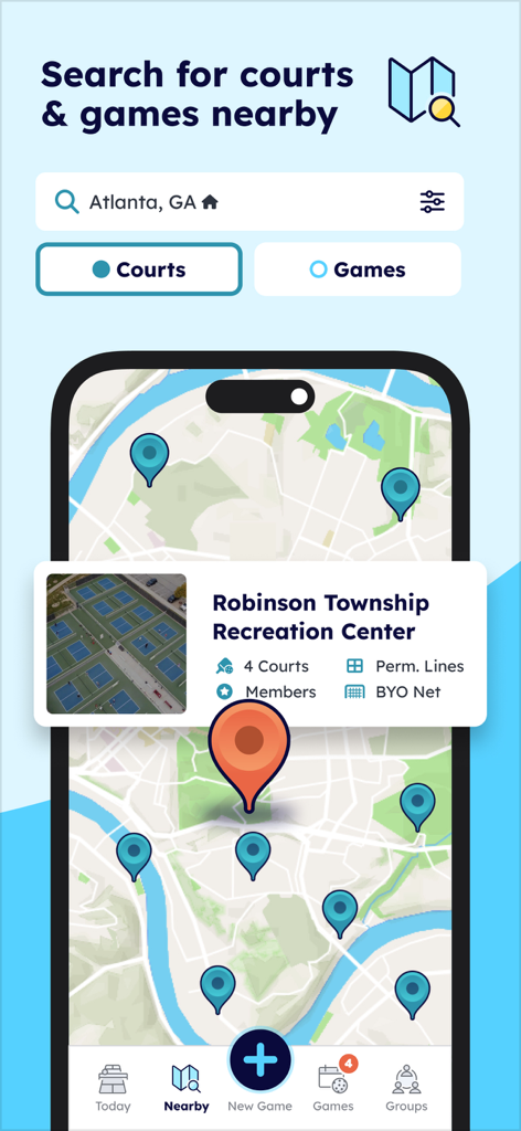 Interfaccia dell'app mobile che mostra una mappa con posizioni di campi da pickleball nelle vicinanze e dettagli per il Robinson Township Recreation Center.