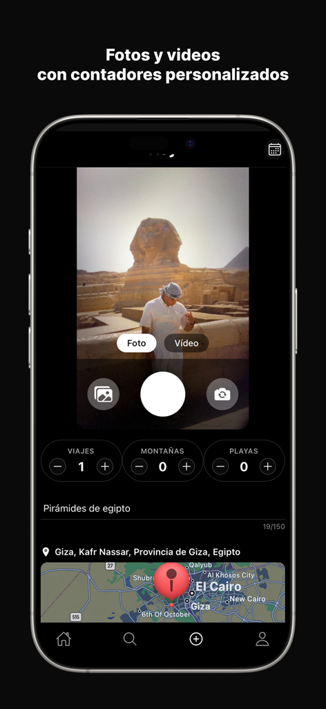 CountIt app screen showing a photo of the Sphinx with a trip counter and map pin